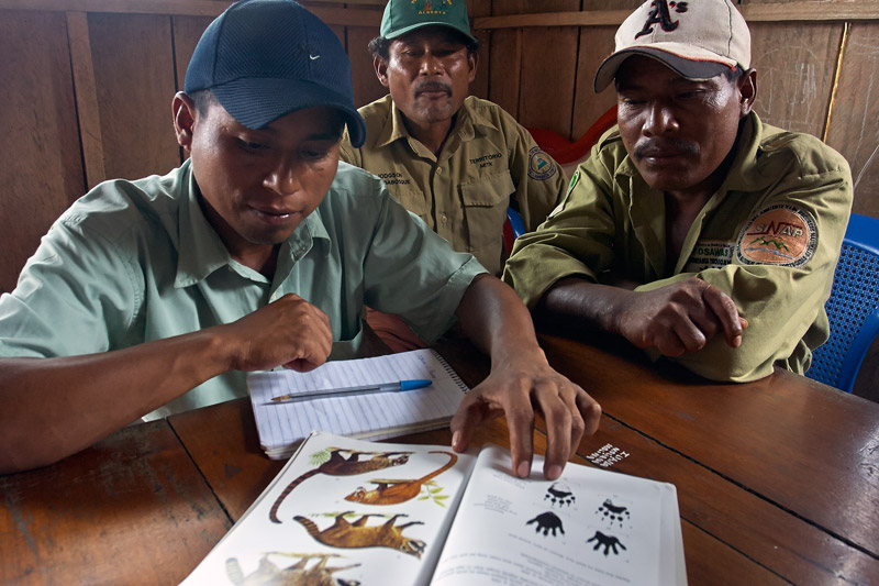 Miskito community members in Nicaragua selecting the mammal species they would like to monitor. Photo by SUNE HOLT.