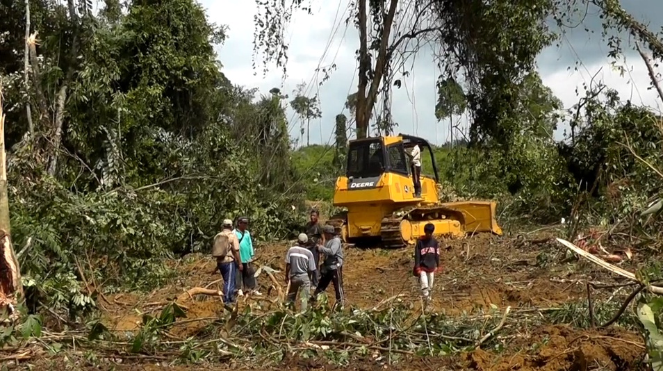 Muara Tae residents intervene to stop a bulldozer. Photo courtesy of Muara Tae