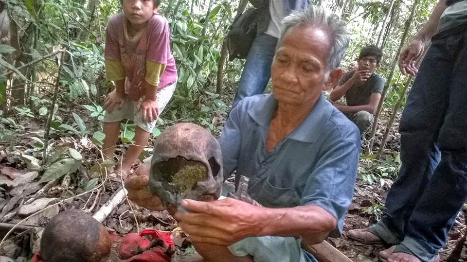 Andreas Singko, a Tae resident, handles the centuries-old skull of his ancestor during a sumpah adat in 2014. Photo courtesy of Land is Life